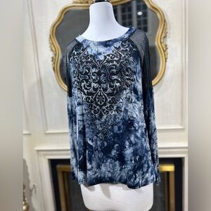 Vocal Top XL Blue Tie Dye Mesh Crystal Embellished Cyber Grunge RockGlam